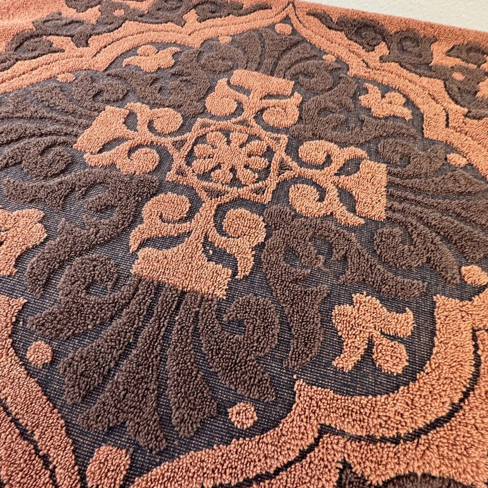 Vintage Reversible Jacquard Terry Cloth Fringed Trim Towel Rust/Navy Blue - Picture 2 of 6
